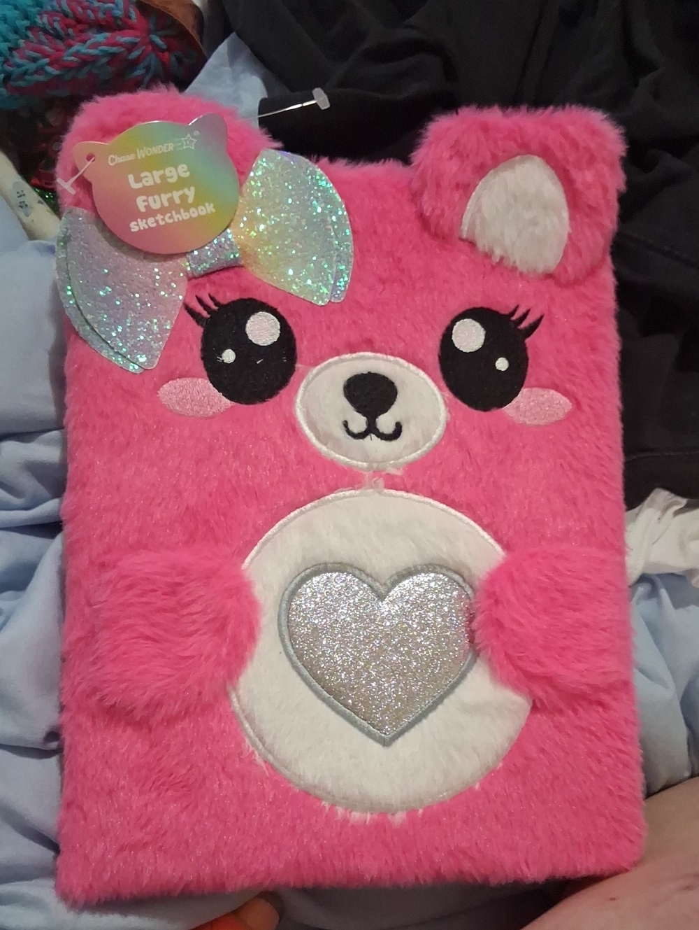 Disney Pink Fuzzy Bear Sketchbook with Sparkle Heart and Glitter Bow